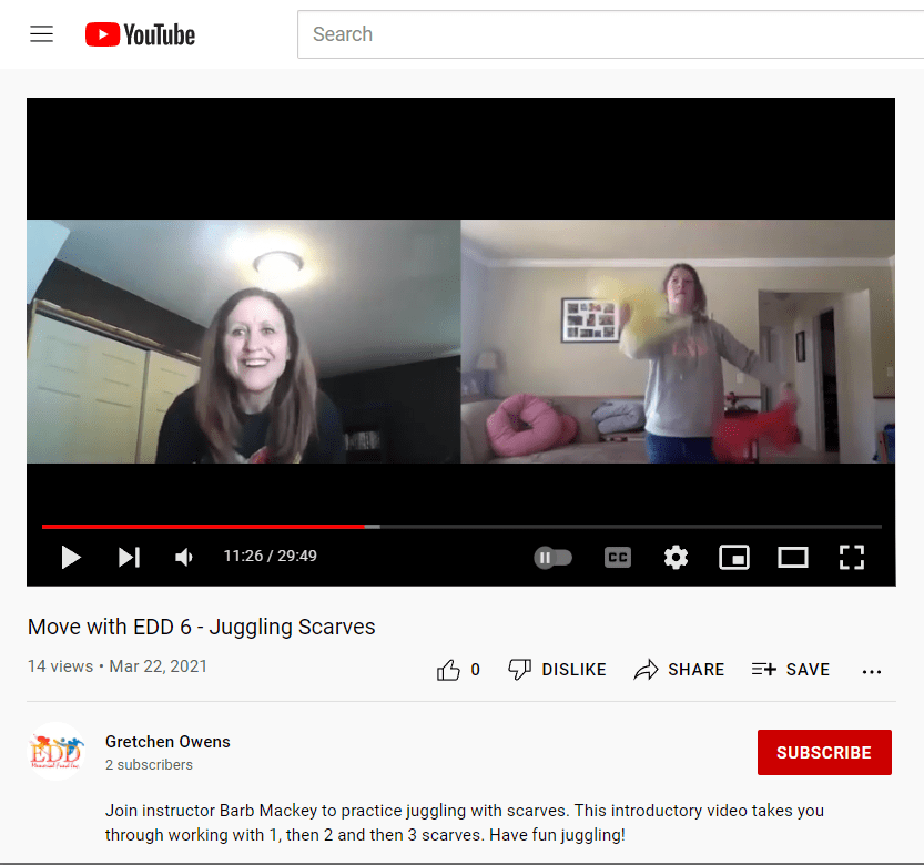 You tube video from Move with EDD video with a girl juggling scarves as an exercise. 